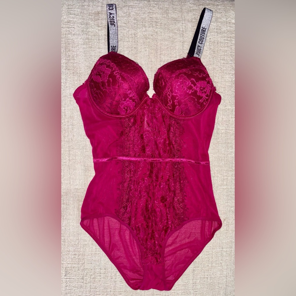 Juicy Couture Y2K Pink Lace Bodysuit Sparkly Straps Size M Lingerie Romantic